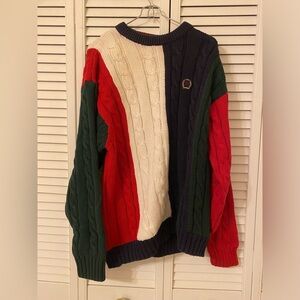 VTG Tommy Hilfiger Sweater Mens Large Colorblock Cable Knit Crest Rugby Preppy